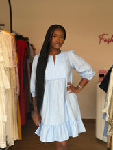 Load image into Gallery viewer, Blue longsleeves mini linen dress
