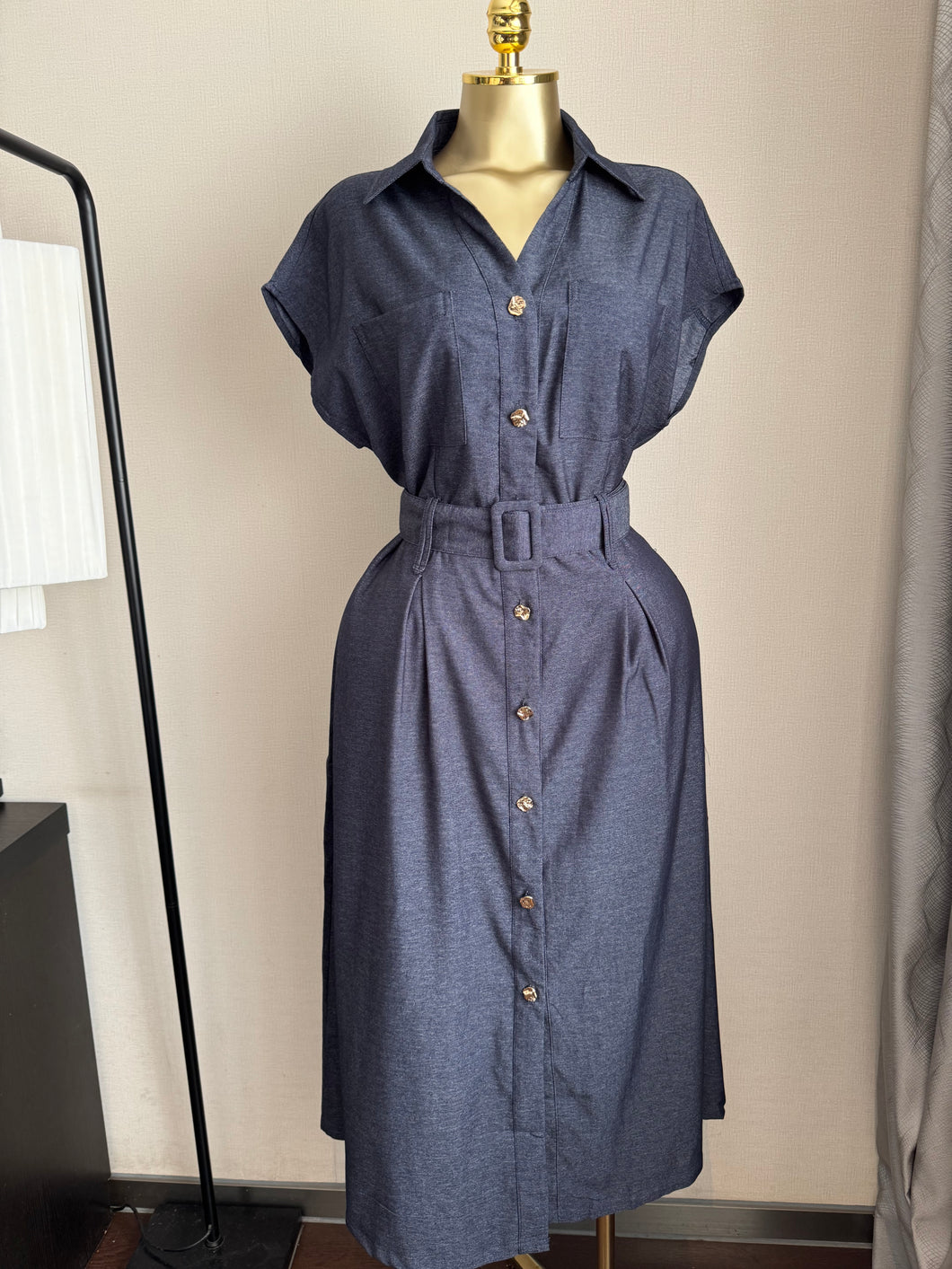 Denim maxi belted dress