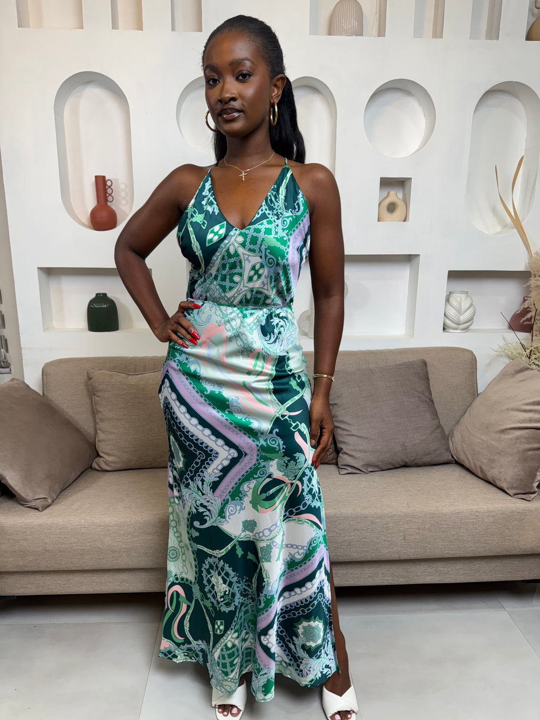 Green pattern satin maxi open back dress