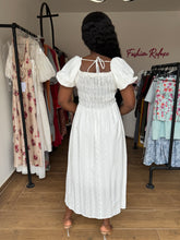 Load image into Gallery viewer, White puff sleeves midi flair dress
