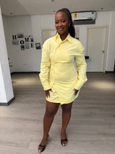 Load image into Gallery viewer, Yellow long sleeves mini wrap button down dress
