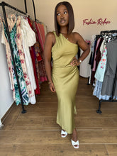 Load image into Gallery viewer, Olive green one arm open back dress
