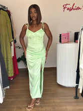 Load image into Gallery viewer, Green satin maxi corset dress
