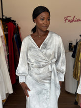 Load image into Gallery viewer, Grey and white satin skirt two piece
