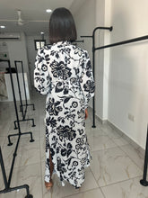 Load image into Gallery viewer, Black and white floral belted maxi dress
