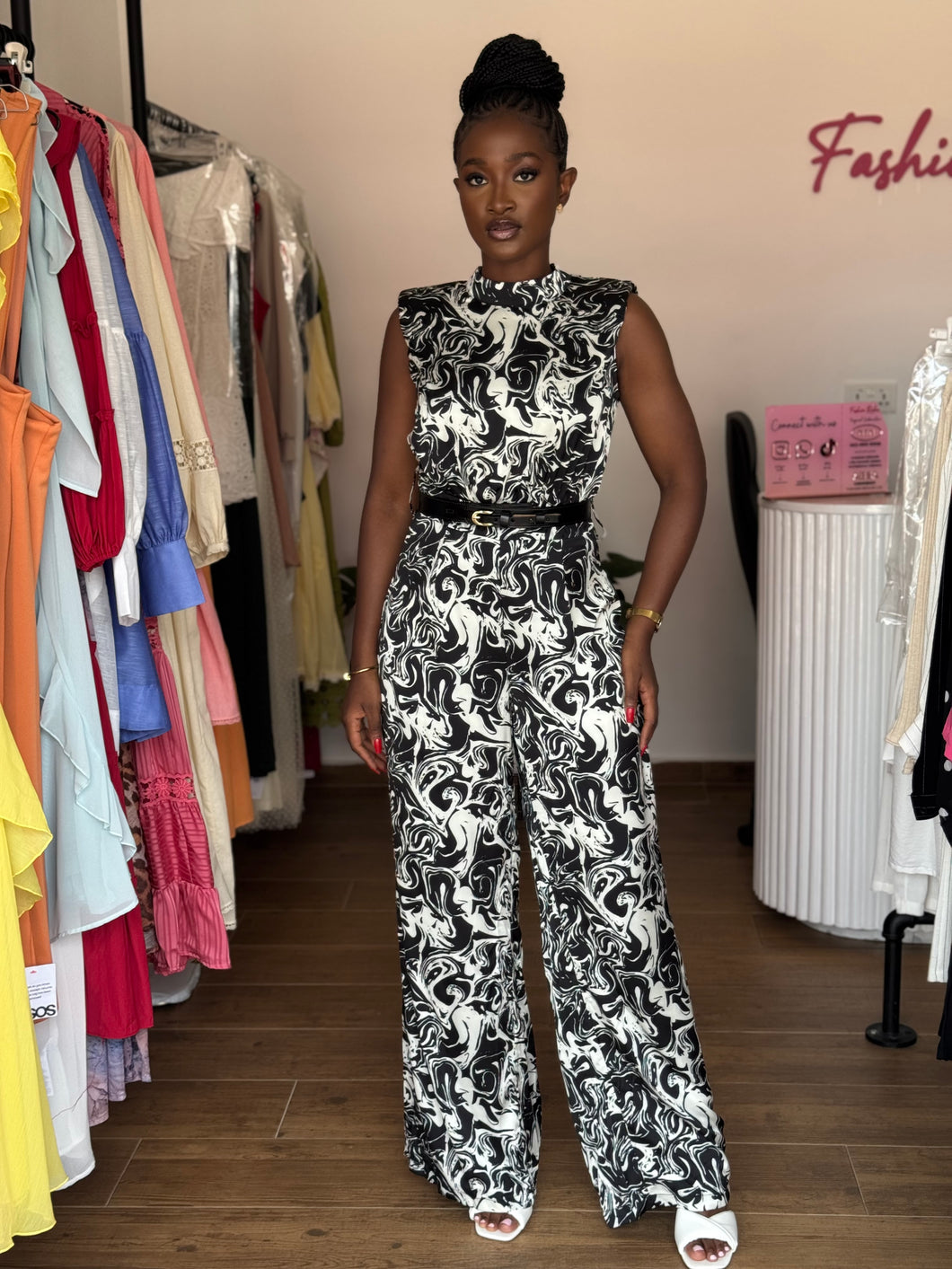 Black and white satin belted jumpsuit