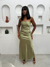 Load image into Gallery viewer, Olive green satin open back sleeveless dress
