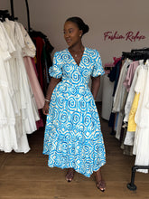 Load image into Gallery viewer, Blue and white pattern wrap maxi dress
