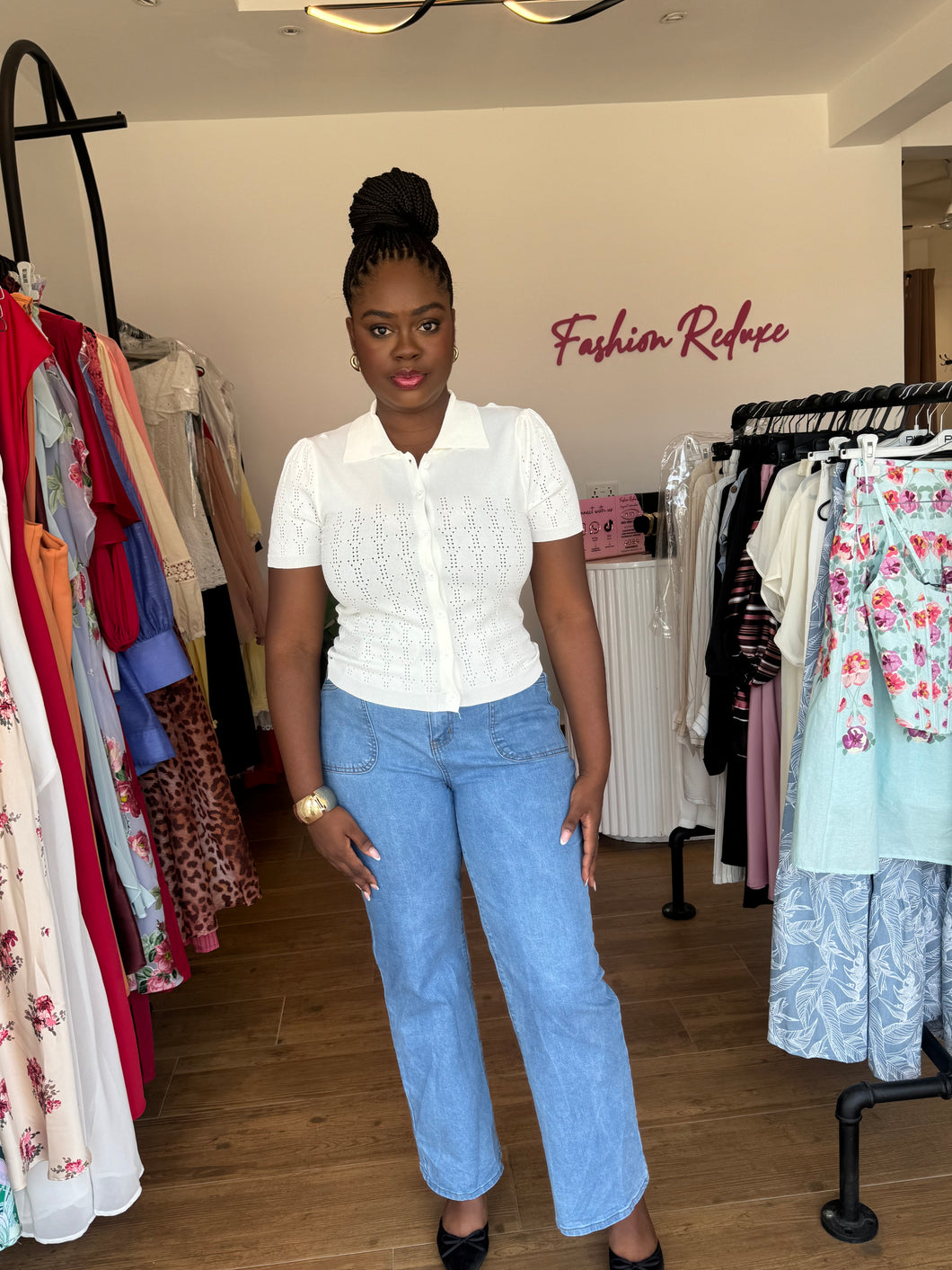White net button down polo top
