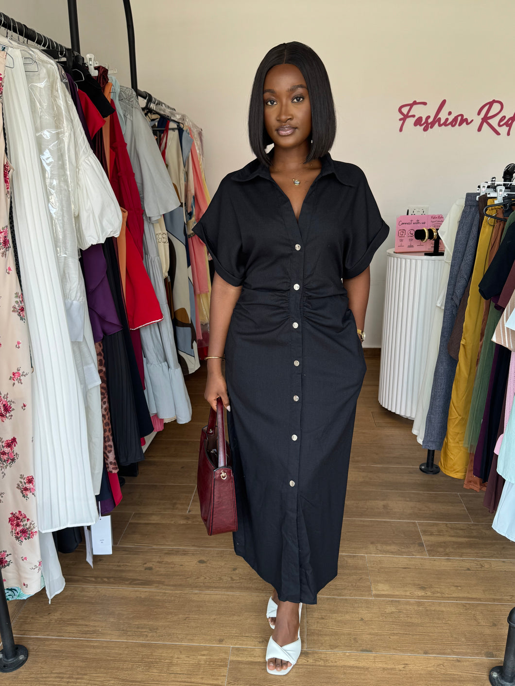 Black ruched midi dress