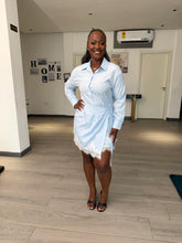 Load image into Gallery viewer, Blue and white striped tie up mini dress
