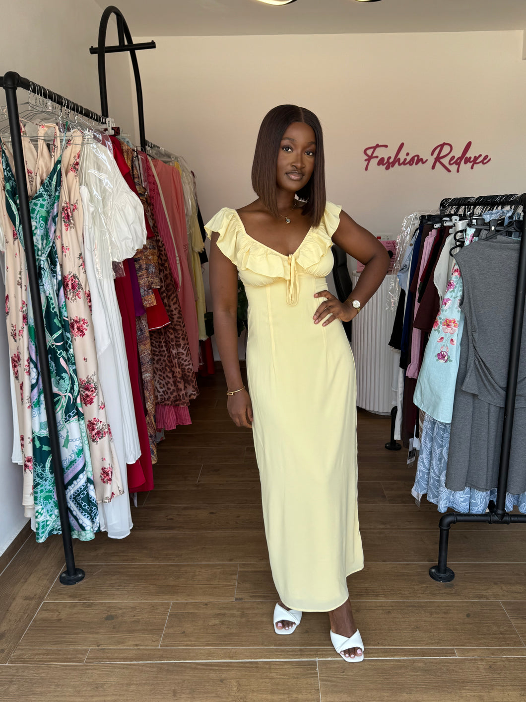Butter yellow open back maxi dress