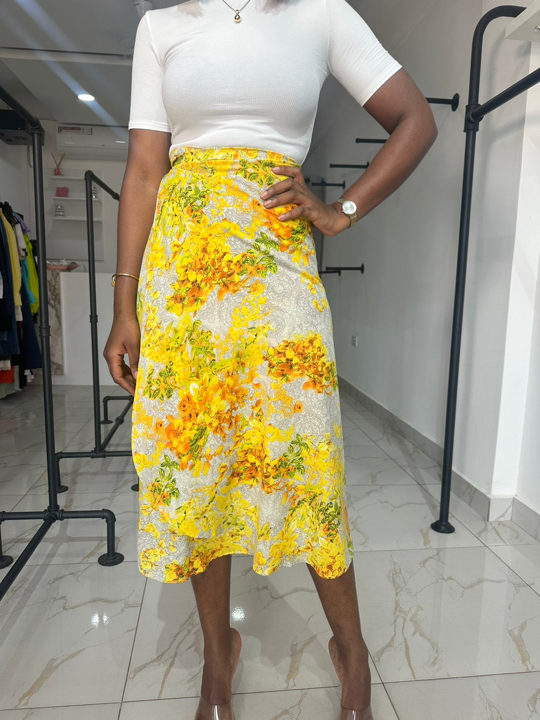 Yellow floral wrap midi skirt