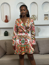 Load image into Gallery viewer, Multi colored satin longsleeves wrap dress
