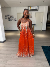 Load image into Gallery viewer, Orange pattern sleeveless belted maxi dress
