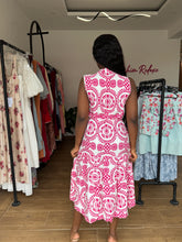 Load image into Gallery viewer, Pink and white belted midi dress
