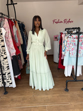 Load image into Gallery viewer, Green chiffon belted maxi longsleeves dress
