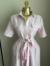 Load image into Gallery viewer, Pink and white midi belted flair dress
