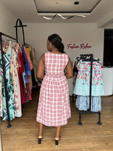 Load image into Gallery viewer, Red and white square belted midi flair dress
