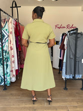 Load image into Gallery viewer, Green leather belt midi shirt dress
