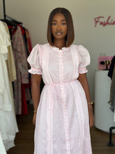Load image into Gallery viewer, Pink puff sleeves maxi belted shirt dress
