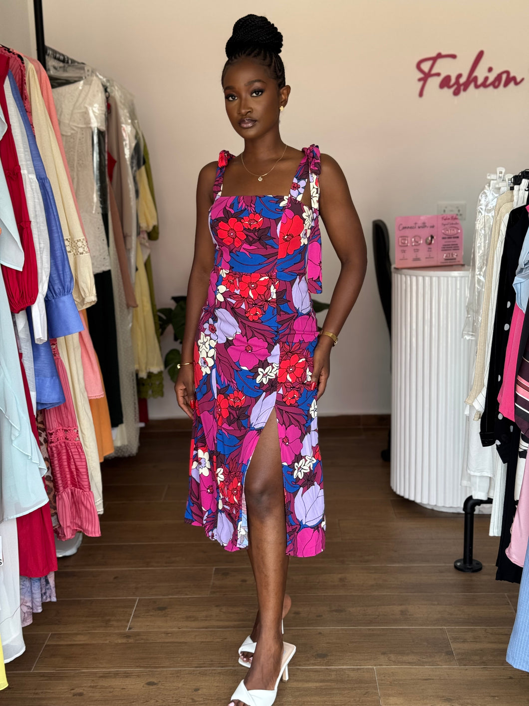 Pink floral tie up midi dress