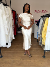 Load image into Gallery viewer, Cream satin cowl back bodycon midi dress
