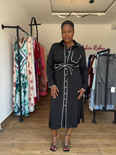 Load image into Gallery viewer, Black and white midi belted shirt dress
