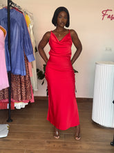 Load image into Gallery viewer, Red satin open back dress
