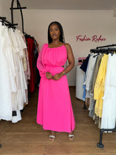 Load image into Gallery viewer, Pink chiffon midi pleated one arm dress
