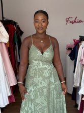 Load image into Gallery viewer, Green patterned sleeveless wrap maxi dress
