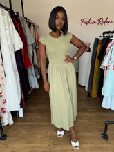 Load image into Gallery viewer, Olive green stretchy midi flair dress
