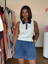 Load image into Gallery viewer, Grey and blue sleeveless polo top
