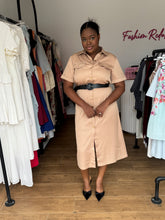 Load image into Gallery viewer, Brown black belted midi shirt dress
