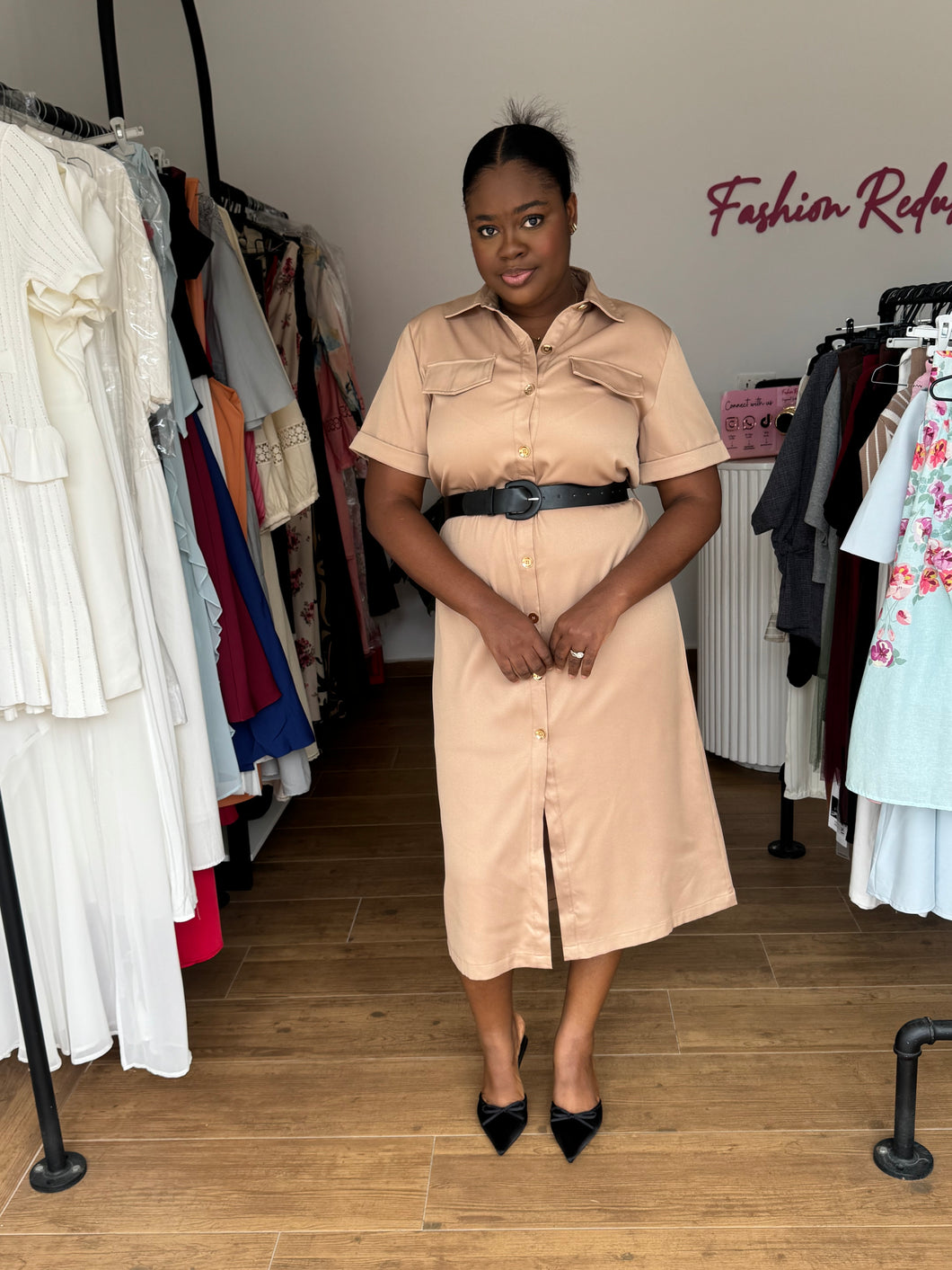 Brown black belted midi shirt dress
