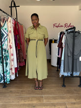 Load image into Gallery viewer, Green leather belt midi shirt dress
