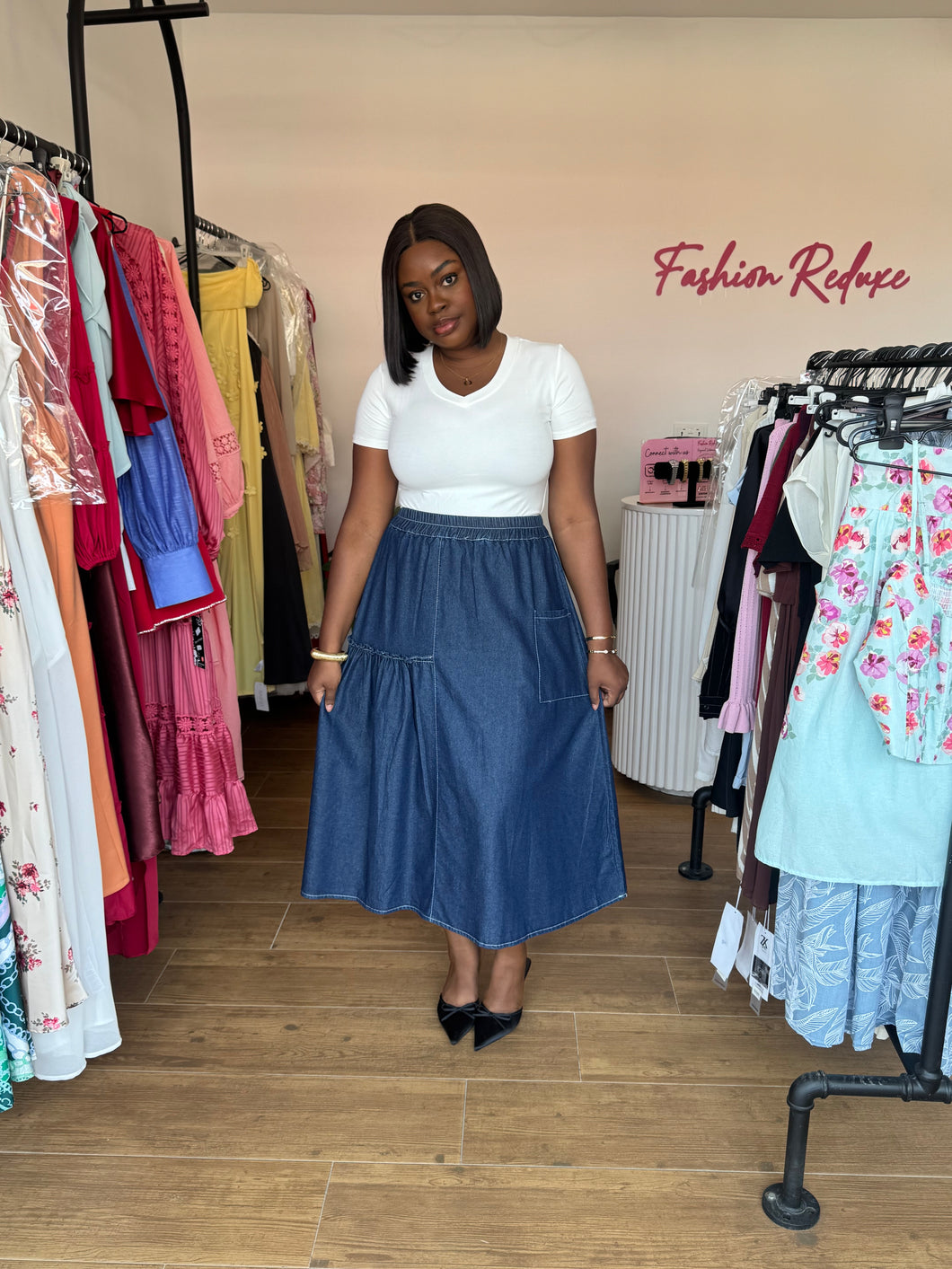 Blue denim side pocket maxi skirt