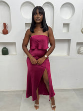 Load image into Gallery viewer, Maroon midi sleeveless satin thigh slit dress
