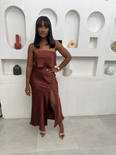 Load image into Gallery viewer, Brown sleeveless satin midi thigh slit dress
