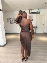 Load image into Gallery viewer, Brown satin lace detail midi dress

