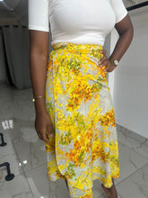 Load image into Gallery viewer, Yellow floral wrap midi skirt
