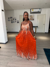Load image into Gallery viewer, Orange pattern sleeveless belted maxi dress

