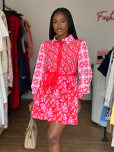 Load image into Gallery viewer, Red and pink belted longsleeves mini dress

