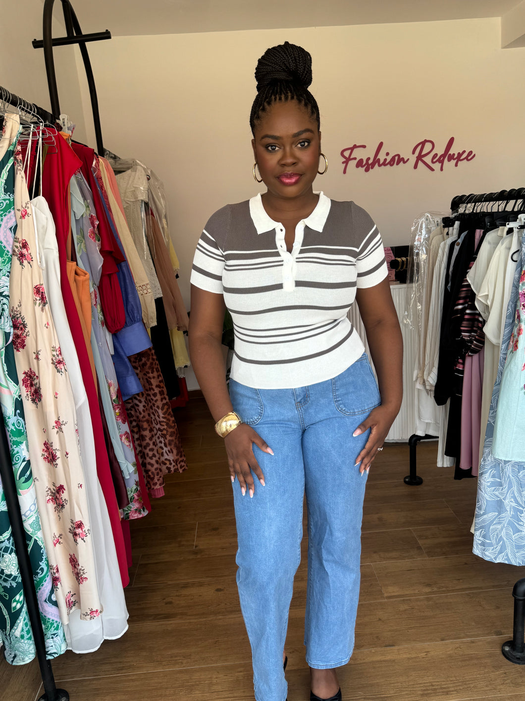 Brown and white polo knit top