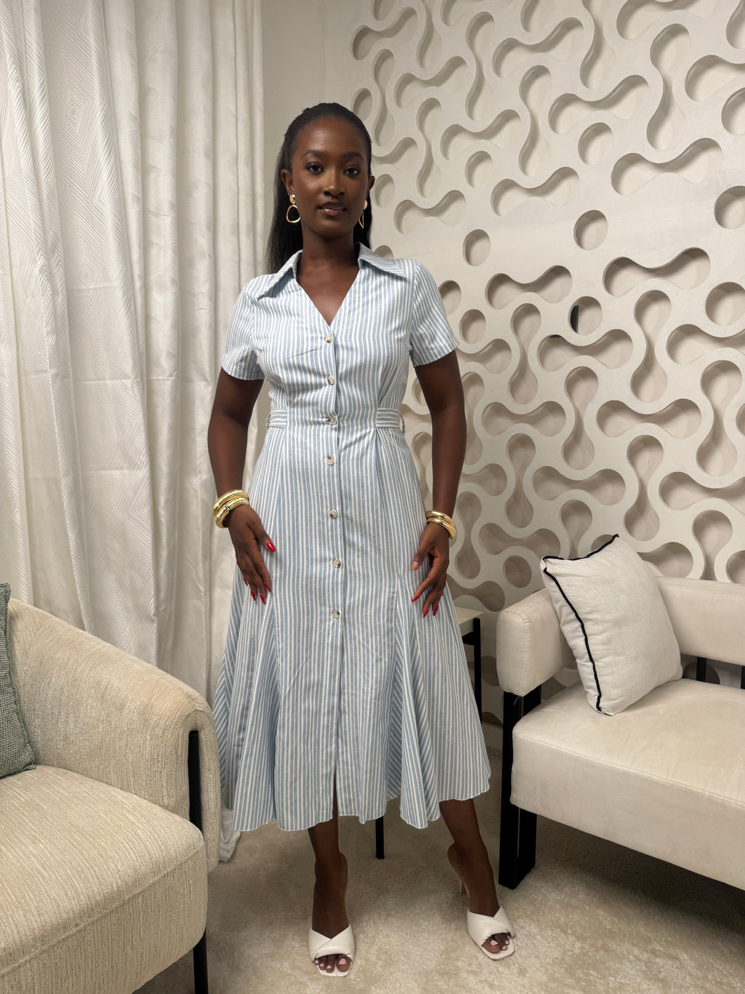 Blue and white striped midi open back dress