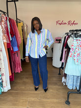 Load image into Gallery viewer, Yellow and blue multicolored longsleeves pleated sleeves shirt
