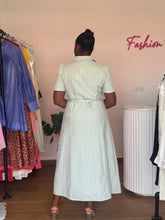 Load image into Gallery viewer, Green and white belted striped dress
