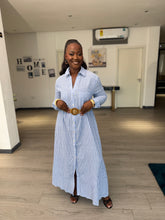 Load image into Gallery viewer, Blue and white maxi belted dress
