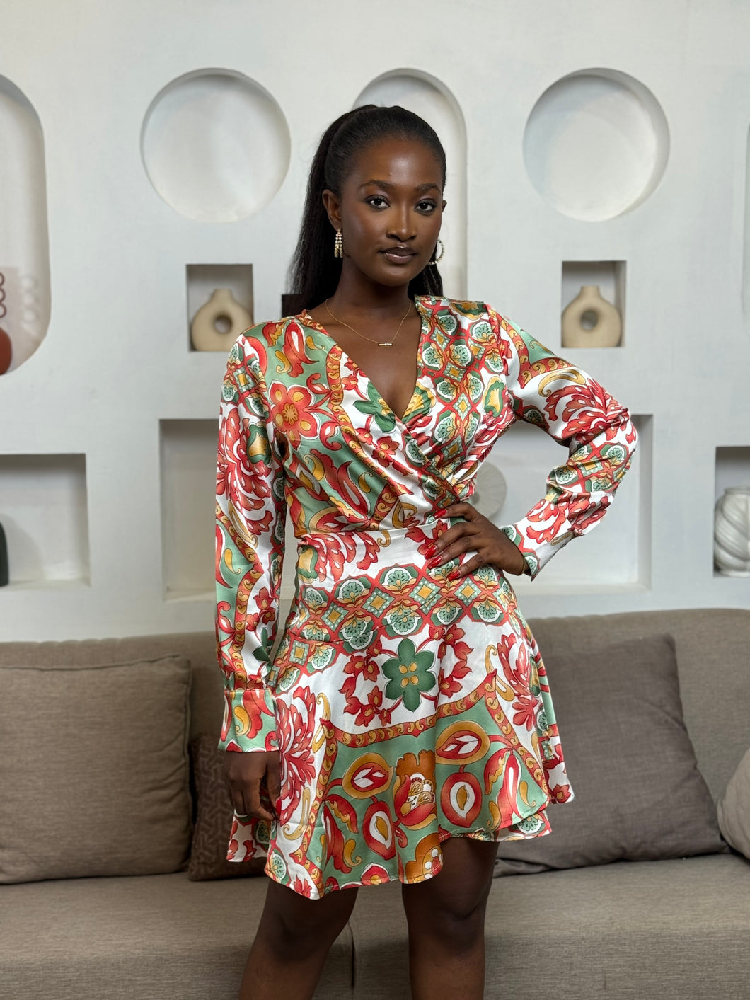 Multi colored satin longsleeves wrap dress