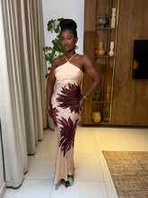 Load image into Gallery viewer, Cream and wine floral cowl back dress
